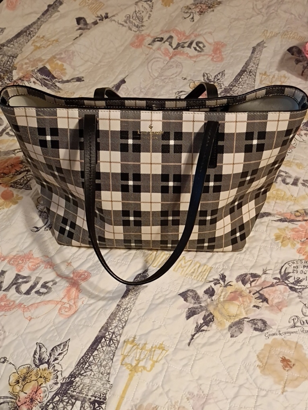 Kate Spade Plaid Black and White Tote Bag - Classic Women's Shoulder Bag